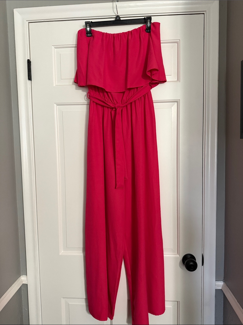 Impressions Off-Shoulder Hot Pink Jumpsuit with Waist Tie - Picture 2 of 5